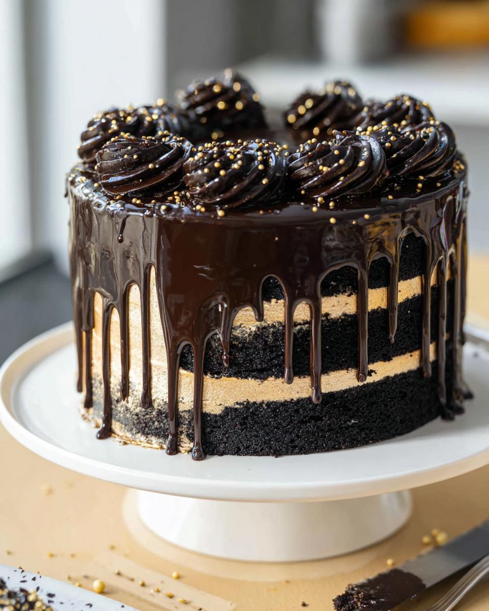 A tall, layered Black and Gold Drip Cake featuring dark chocolate cake layers, gold frosting, and a rich chocolate ganache drip.