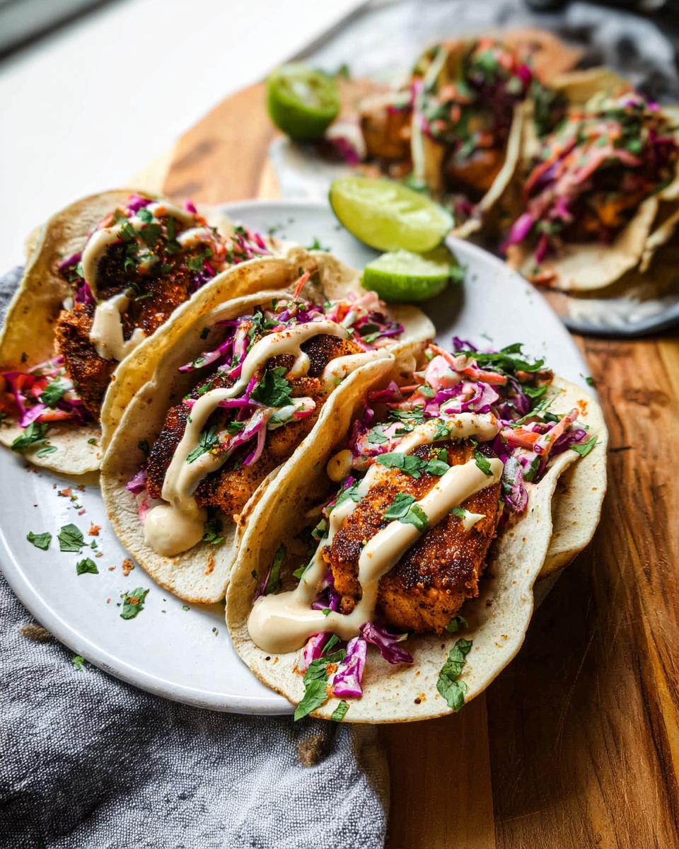Three Blackened Salmon Tacos filled with red cabbage slaw and drizzled with a creamy sauce, served on a white plate.