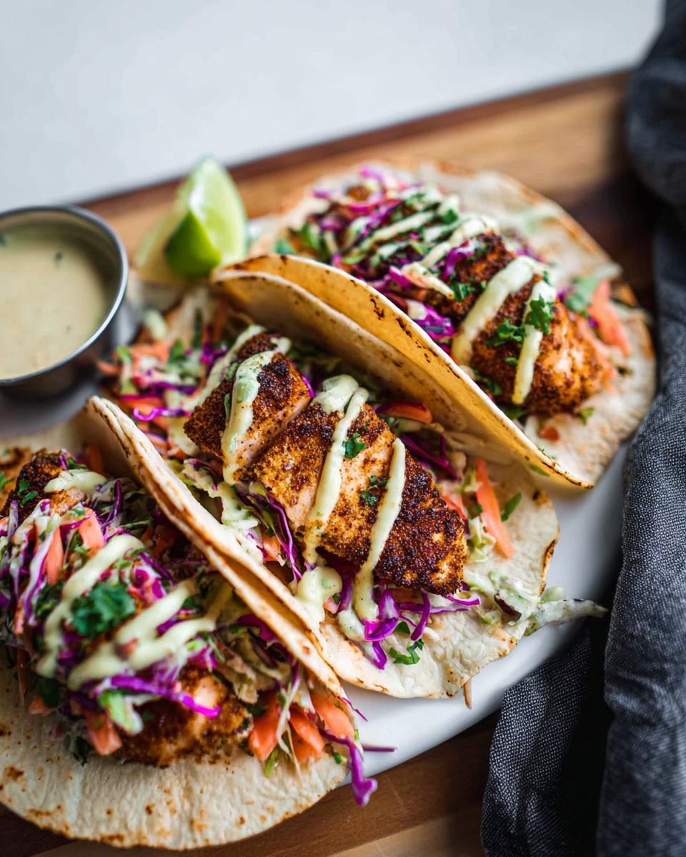 Three delicious Blackened Salmon Tacos filled with vibrant slaw and drizzled with creamy sauce.