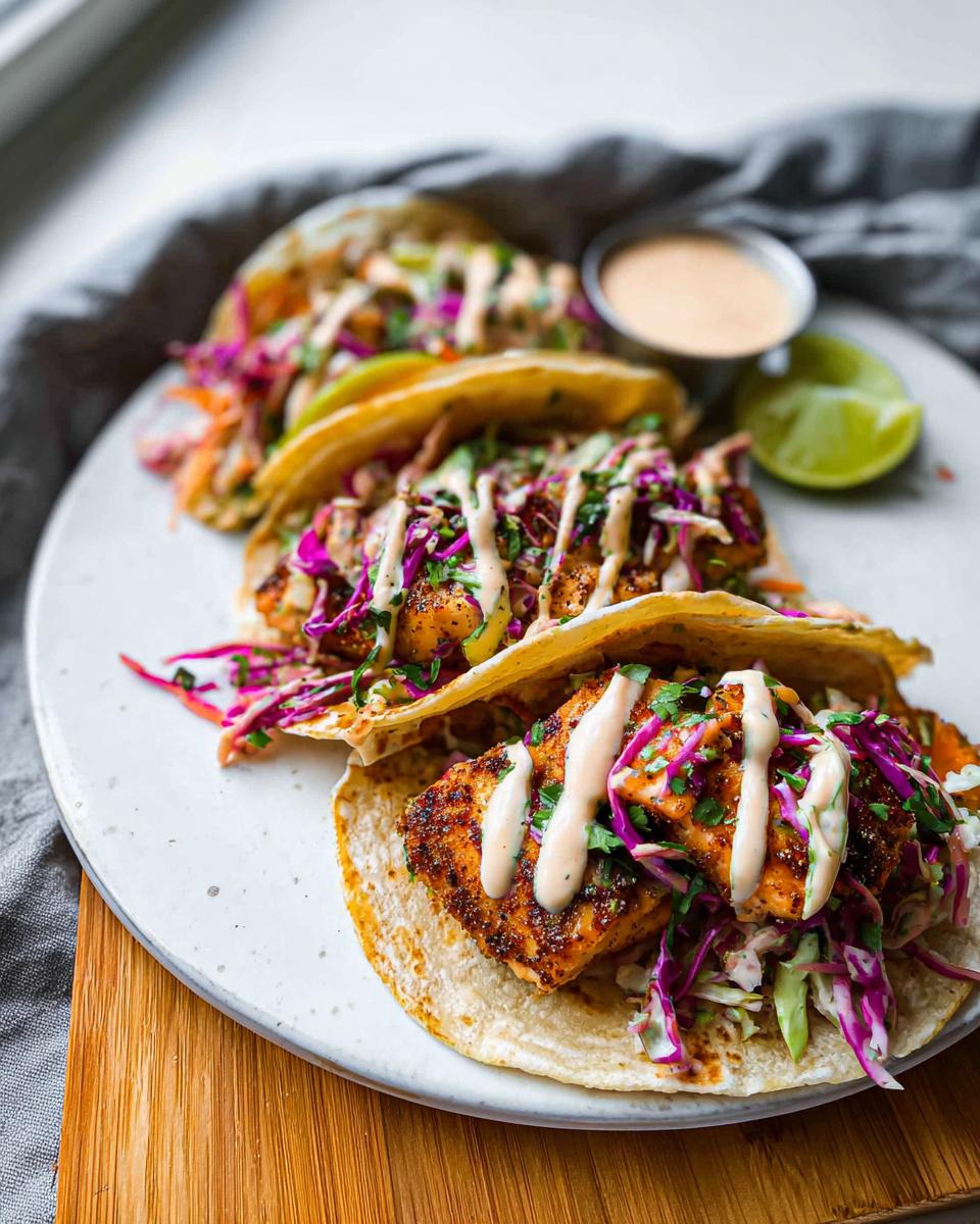 Three delicious Blackened Salmon Tacos loaded with purple cabbage slaw and drizzled with a creamy sauce.
