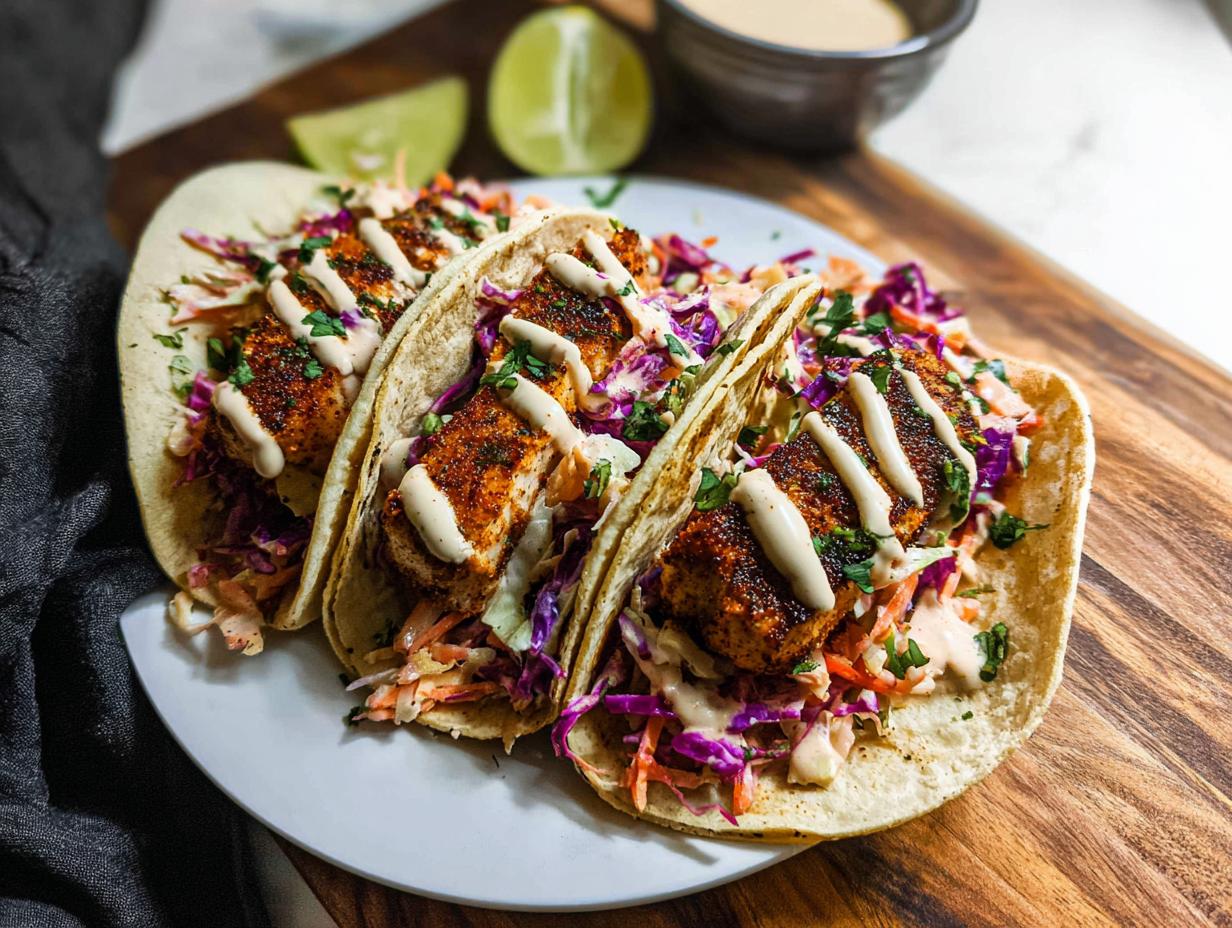 Three delicious Blackened Salmon Tacos filled with slaw and drizzled with sauce, served on a white plate.