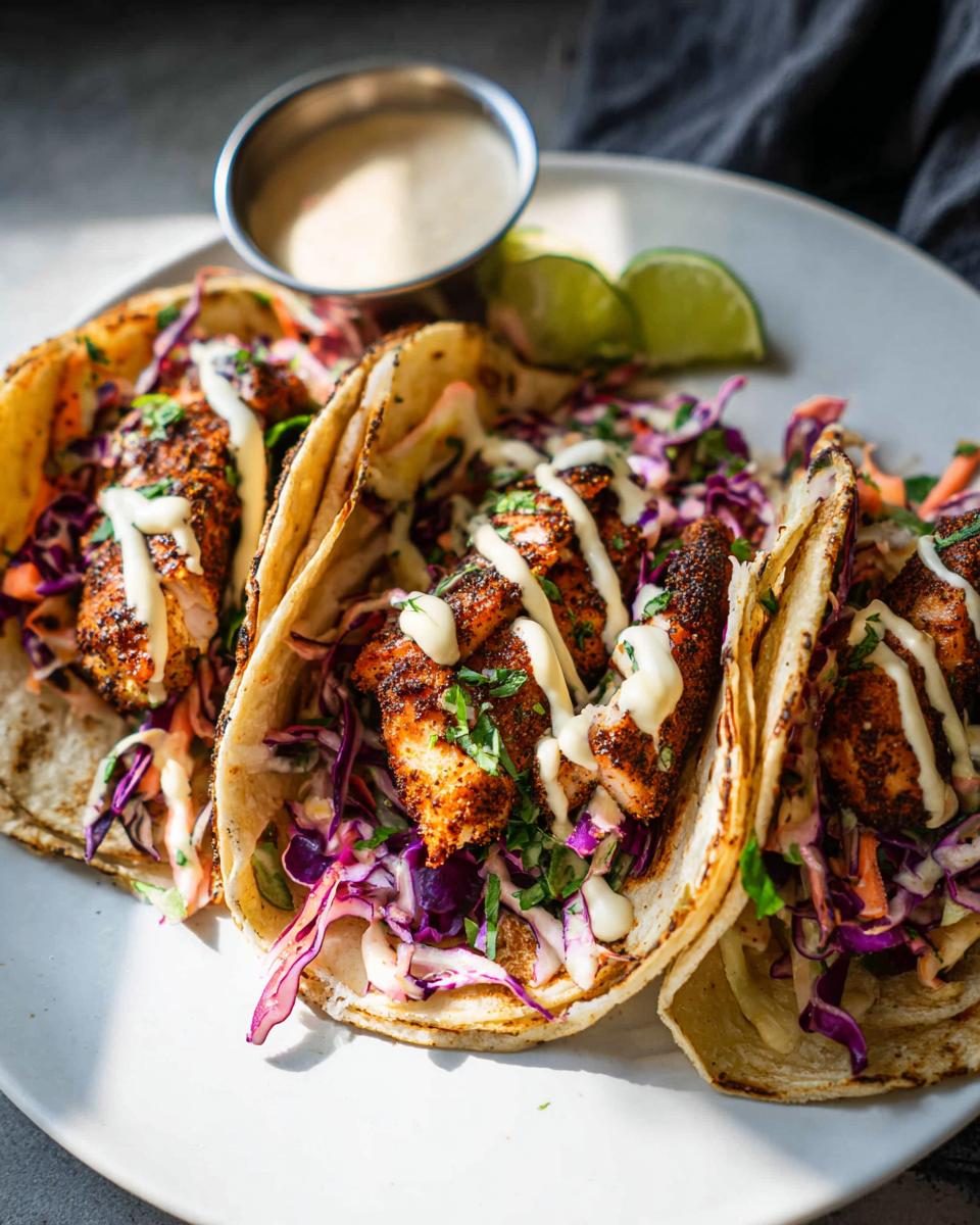 Three soft shell Blackened Salmon Tacos filled with red cabbage slaw, drizzled with white sauce, served with lime wedges.