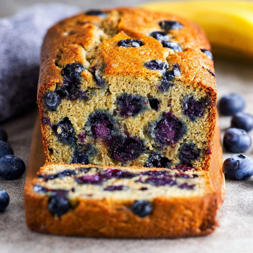 Close-up of a freshly baked Blueberry Banana Bread loaf, showing a slice cut off, packed with juicy blueberries.