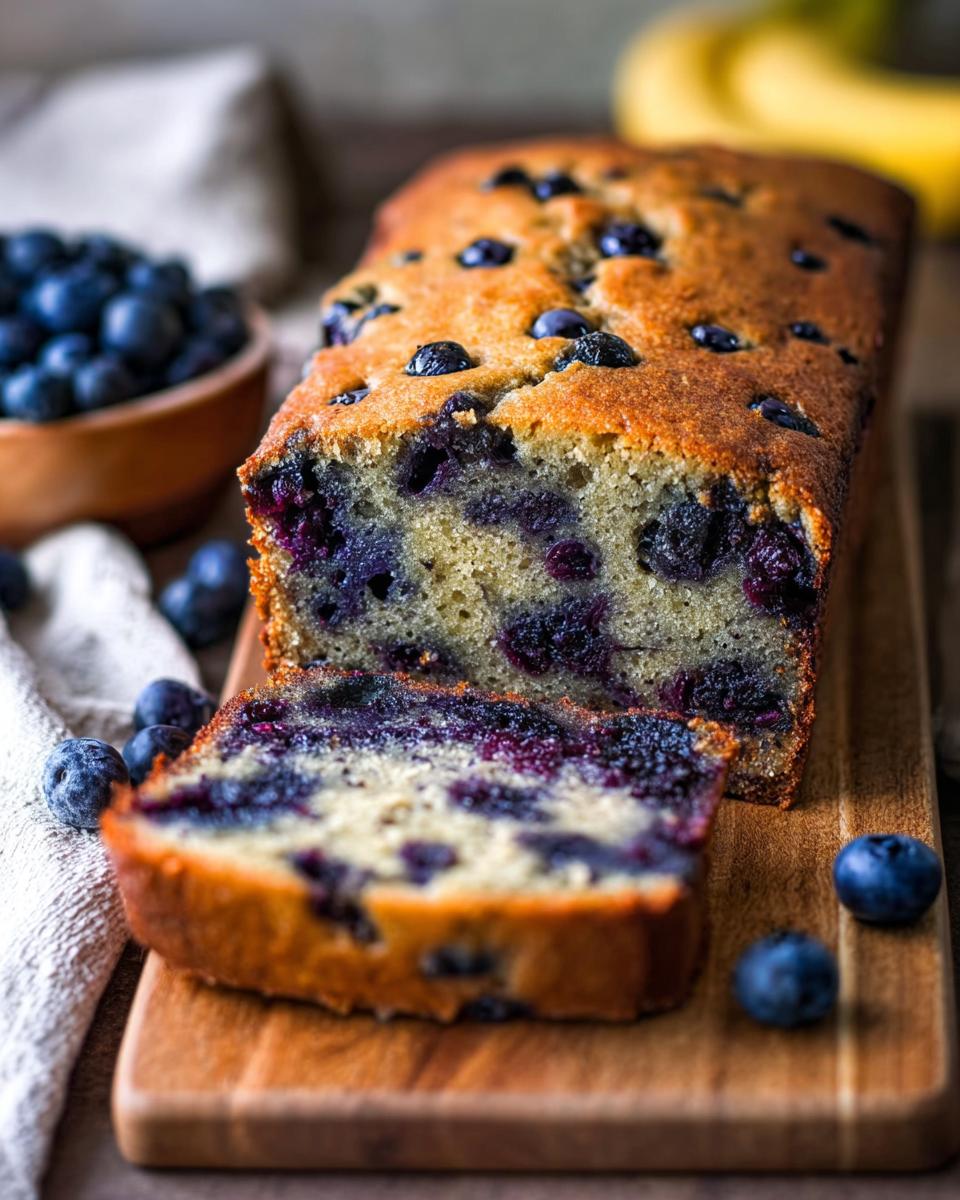 A loaf of moist Blueberry Banana Bread, partially sliced, showing rich blueberry pockets on a wooden board.