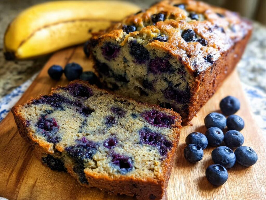 A sliced loaf of moist Blueberry Banana Bread with visible blueberries, next to a whole banana and fresh blueberries.