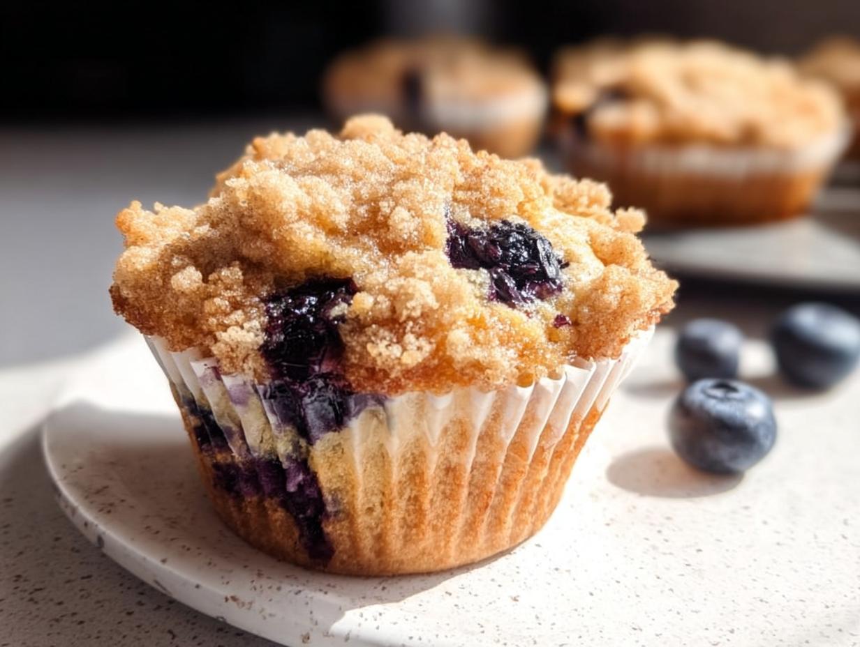 Close-up of a delicious Blueberry Muffin Like a Bakery, featuring a golden crumb topping and visible juicy blueberries.