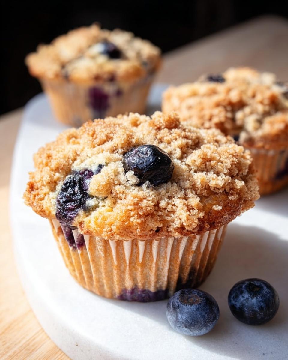Close-up of a delicious Blueberry Muffins Like a Bakery with a golden crumb topping and fresh blueberries.
