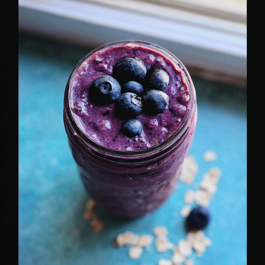 Overhead view of a thick Blueberry Oat Breakfast Smoothie topped with fresh blueberries in a glass jar.