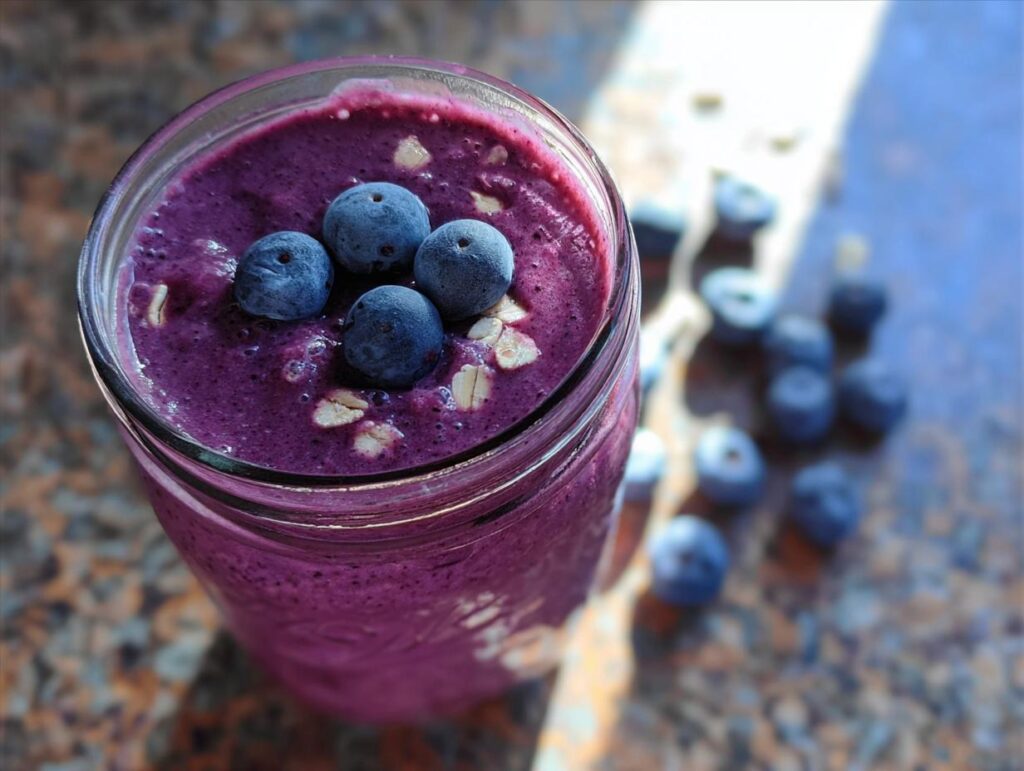 Overhead view of a thick, purple Blueberry Oat Breakfast Smoothie topped with fresh blueberries and oats.