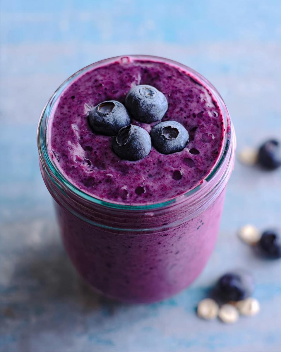Close-up, top-down view of a vibrant purple Blueberry Oat Breakfast Smoothie topped with four fresh blueberries.