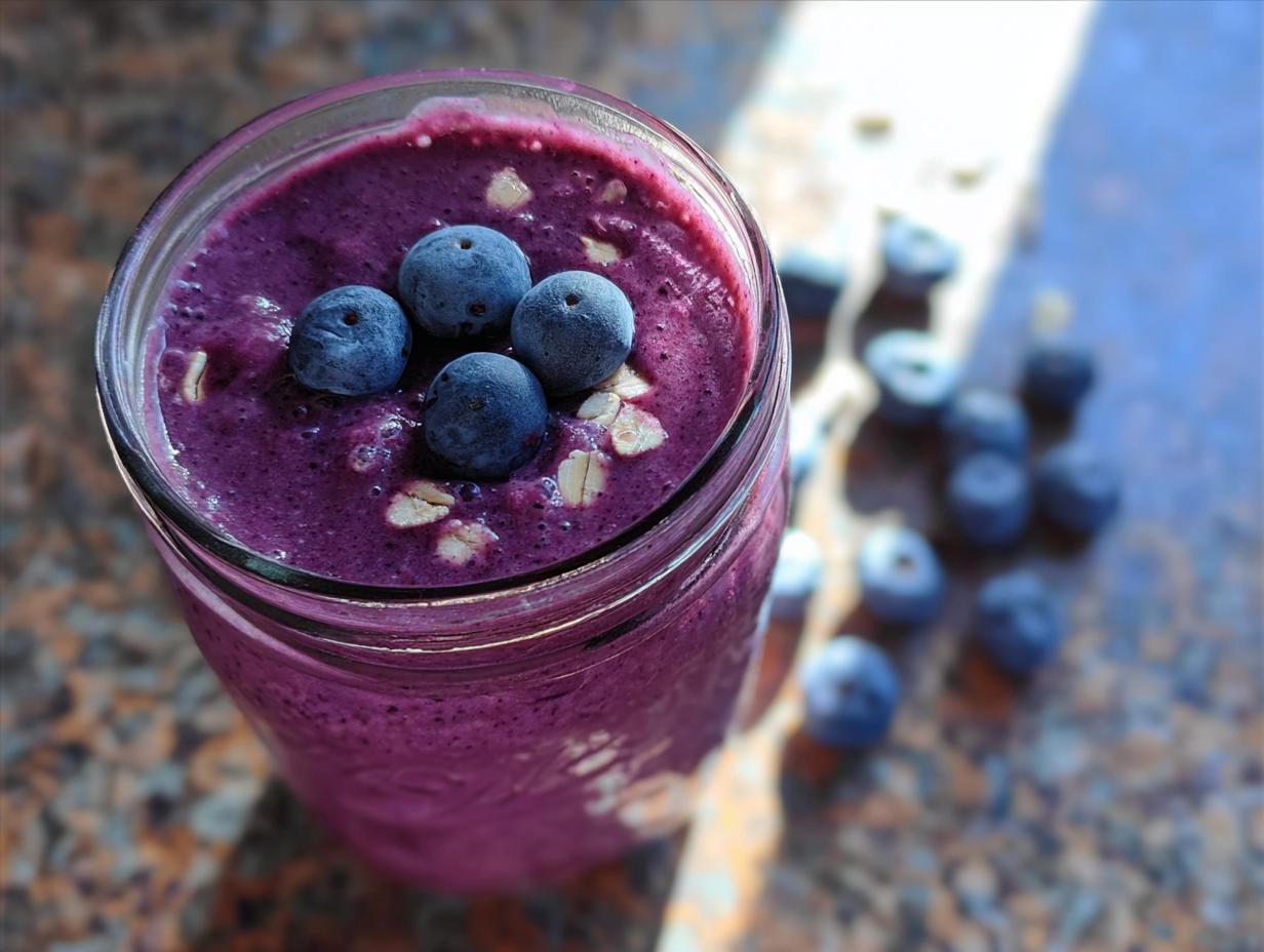 Overhead view of a thick, purple Blueberry Oat Breakfast Smoothie topped with fresh blueberries and oats.