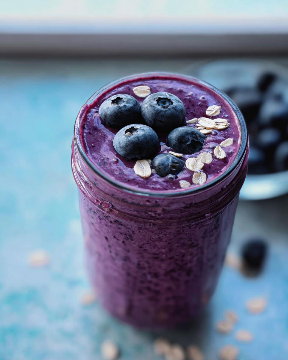 Close-up of a thick Blueberry Oat Breakfast Smoothie topped with fresh blueberries and rolled oats.