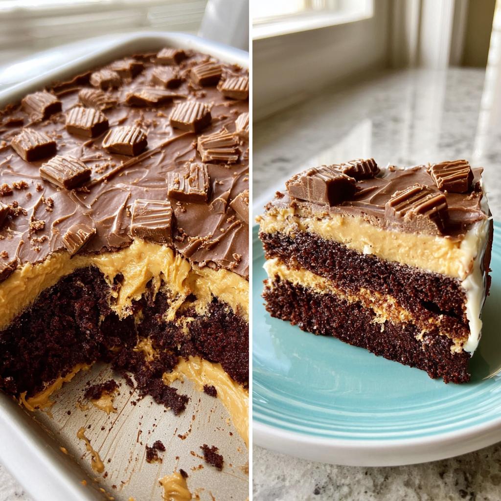 A rich chocolate cake with peanut butter frosting, topped with chocolate ganache and peanut butter cups, showing the whole pan and a slice.