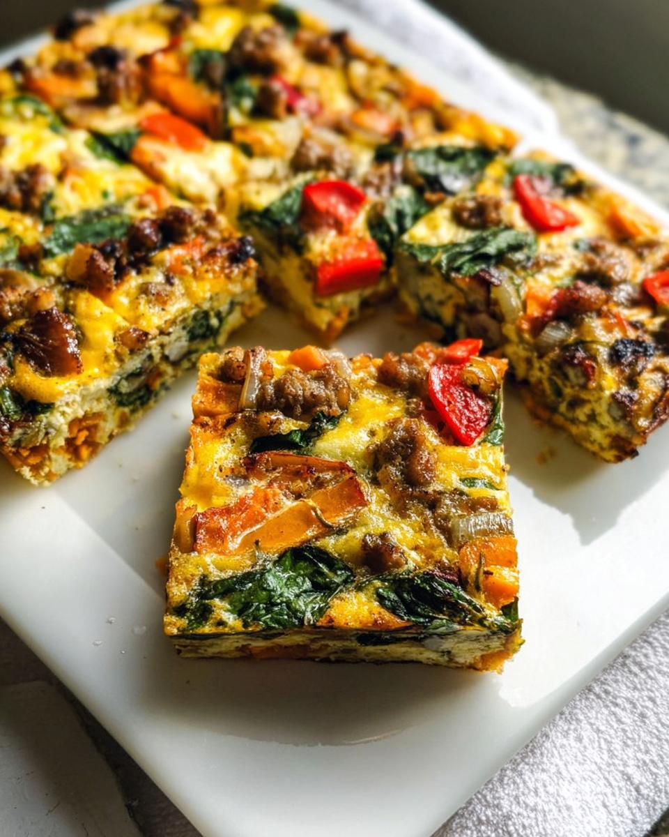 A slice of a hearty breakfast casserole with sausage, spinach, and peppers, perfect for busy weeknight breakfasts.