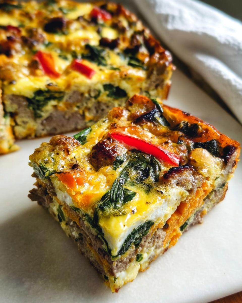 A slice of a hearty breakfast casserole with layers of eggs, sausage, spinach, and sweet potato, perfect for busy weeknights.