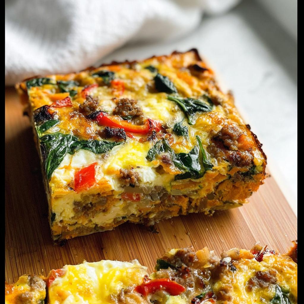 A slice of a hearty breakfast casserole with eggs, sausage, spinach, and peppers, perfect for busy weeknight breakfast ideas.