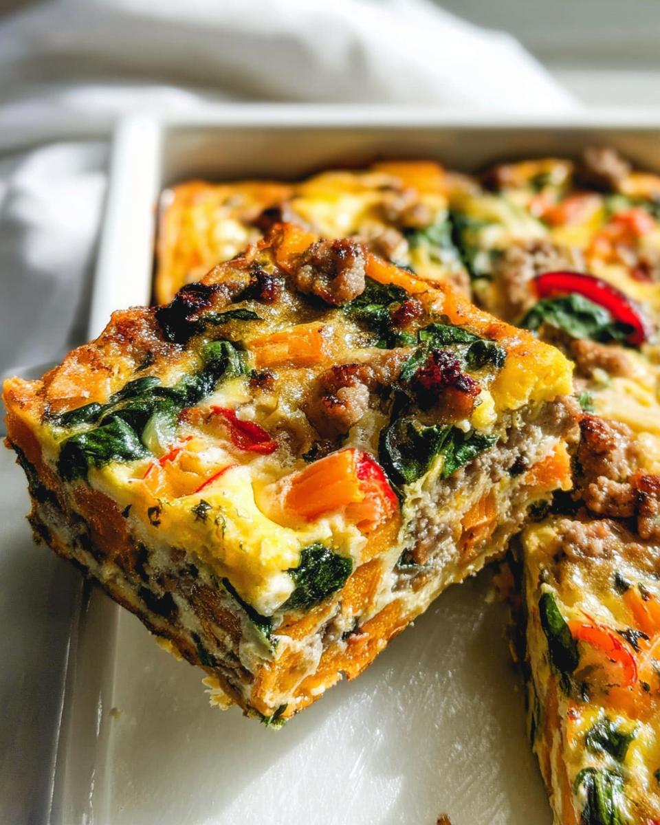 A slice of a hearty breakfast casserole with sausage, spinach, and sweet potato, perfect for busy weeknight breakfast ideas.