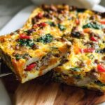 A slice of a hearty breakfast casserole with sausage, vegetables, and eggs, perfect for busy weeknights.
