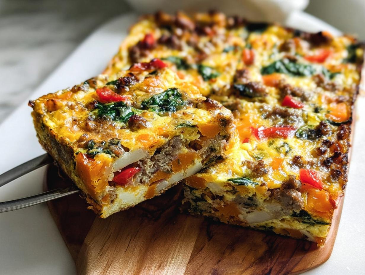 A slice of a hearty breakfast casserole with sausage, vegetables, and eggs, perfect for busy weeknights.