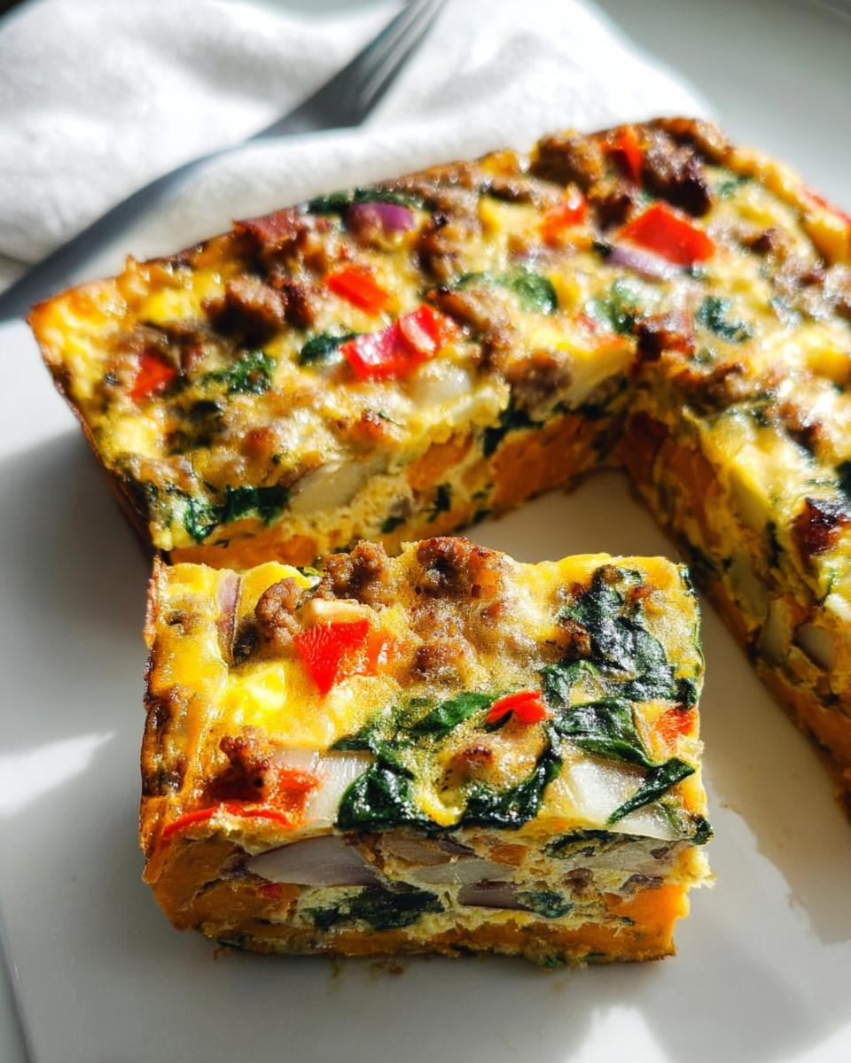 A slice of a hearty breakfast casserole with sweet potato, spinach, sausage, and red peppers, perfect for busy weeknights.