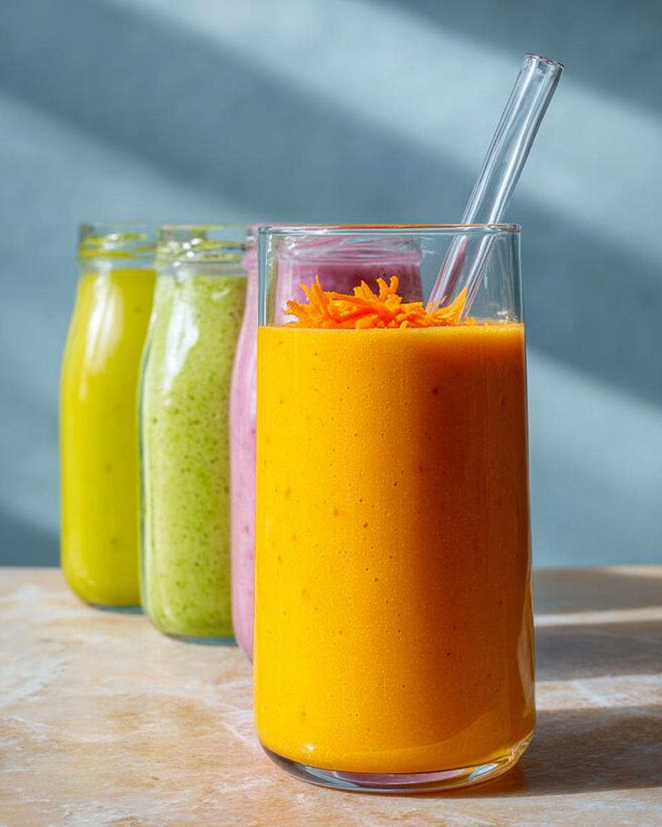 A vibrant orange smoothie in a glass with a straw, garnished with shredded carrots. Behind it are two bottles of green and pink smoothies.
