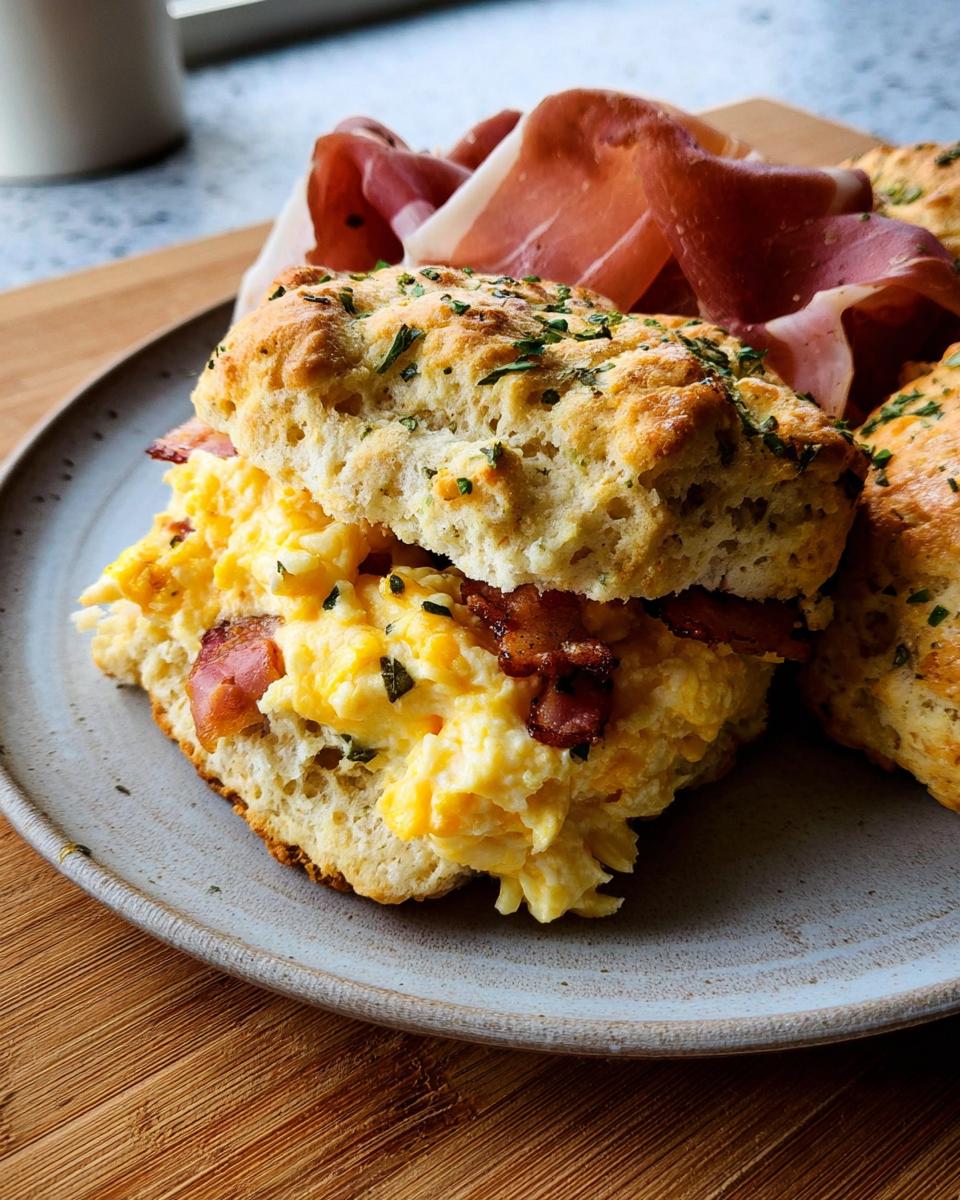 Scrambled egg and bacon biscuit sandwich, a perfect breakfast idea recipe, served with prosciutto.