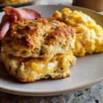 A delicious breakfast sandwich featuring a split biscuit filled with cheese, served with scrambled eggs and ham. A perfect breakfast idea.