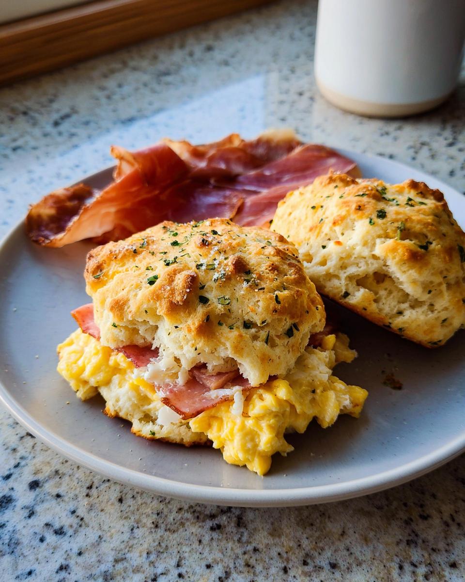 A delicious breakfast sandwich made with a fluffy biscuit, scrambled eggs, and ham, part of our Breakfast Ideas Recipe.