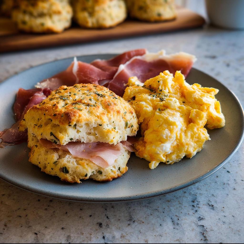 A delicious breakfast plate featuring a biscuit sandwich with ham, scrambled eggs, and prosciutto, part of our Breakfast Ideas Recipe.