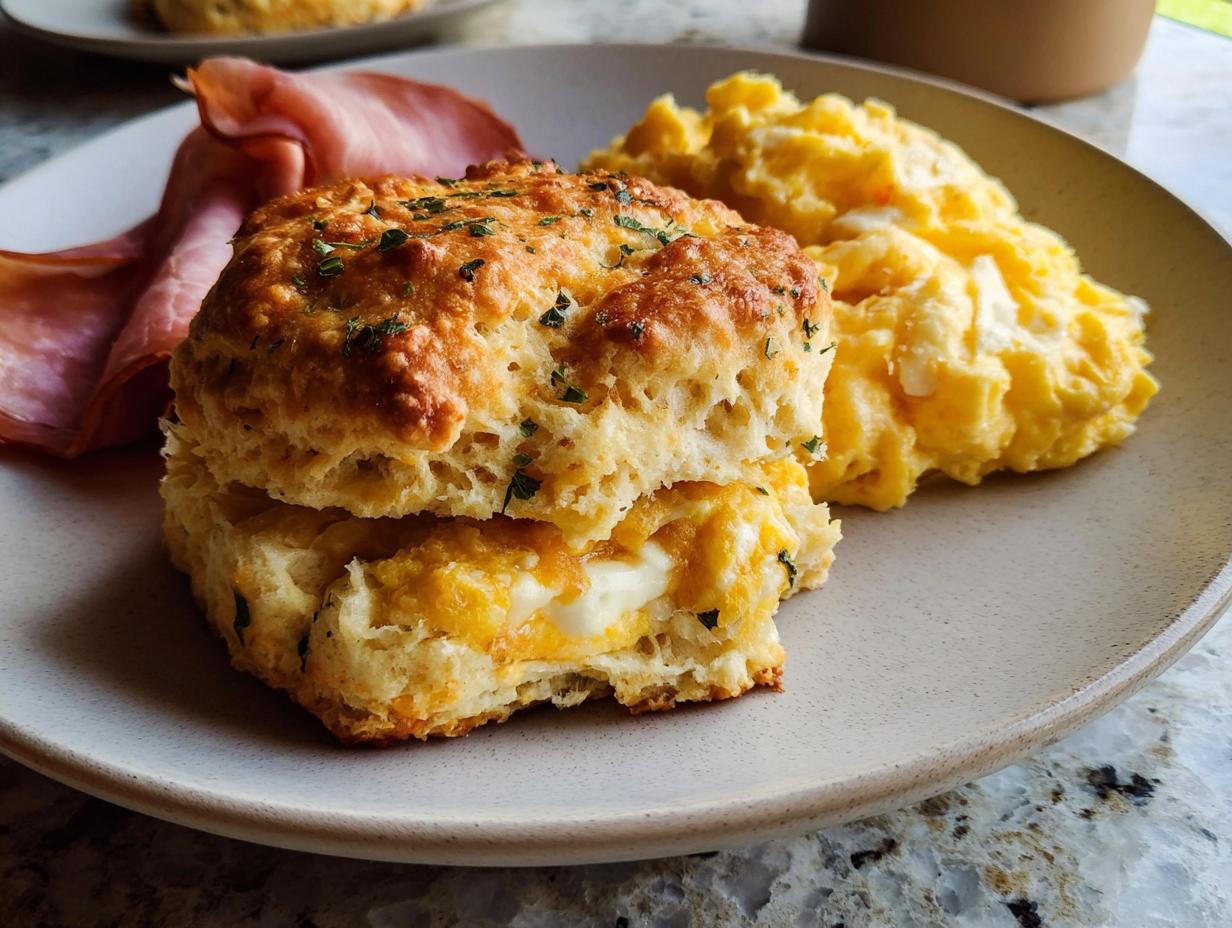 A delicious breakfast sandwich featuring a split biscuit filled with cheese, served with scrambled eggs and ham. A perfect breakfast idea.