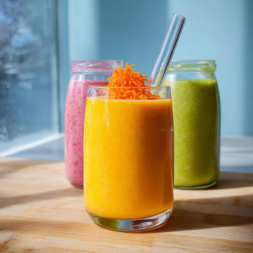 Three colorful smoothies (orange, pink, and green) in glasses and jars, perfect for quick breakfast ideas.