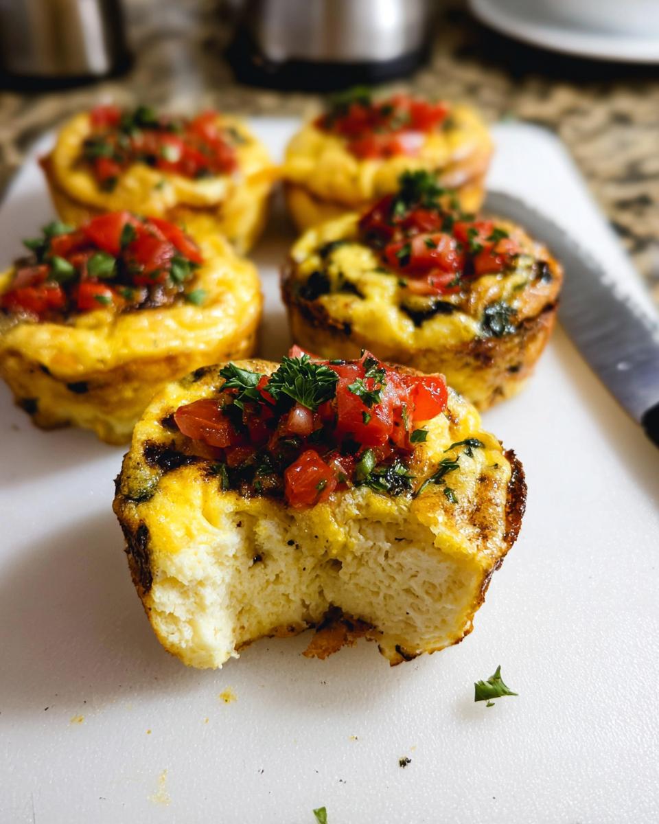 A close-up of one of the Breakfast Meal Prep Egg Cups with a bite taken out, topped with fresh diced tomatoes and parsley.