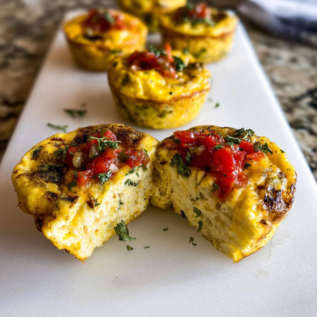 One Breakfast Meal Prep Egg Cup cut in half showing fluffy interior, topped with salsa.