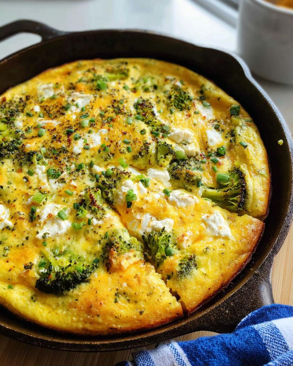 A golden-brown broccoli and cheese frittata in a cast iron skillet, a perfect example of easy dinner recipes.