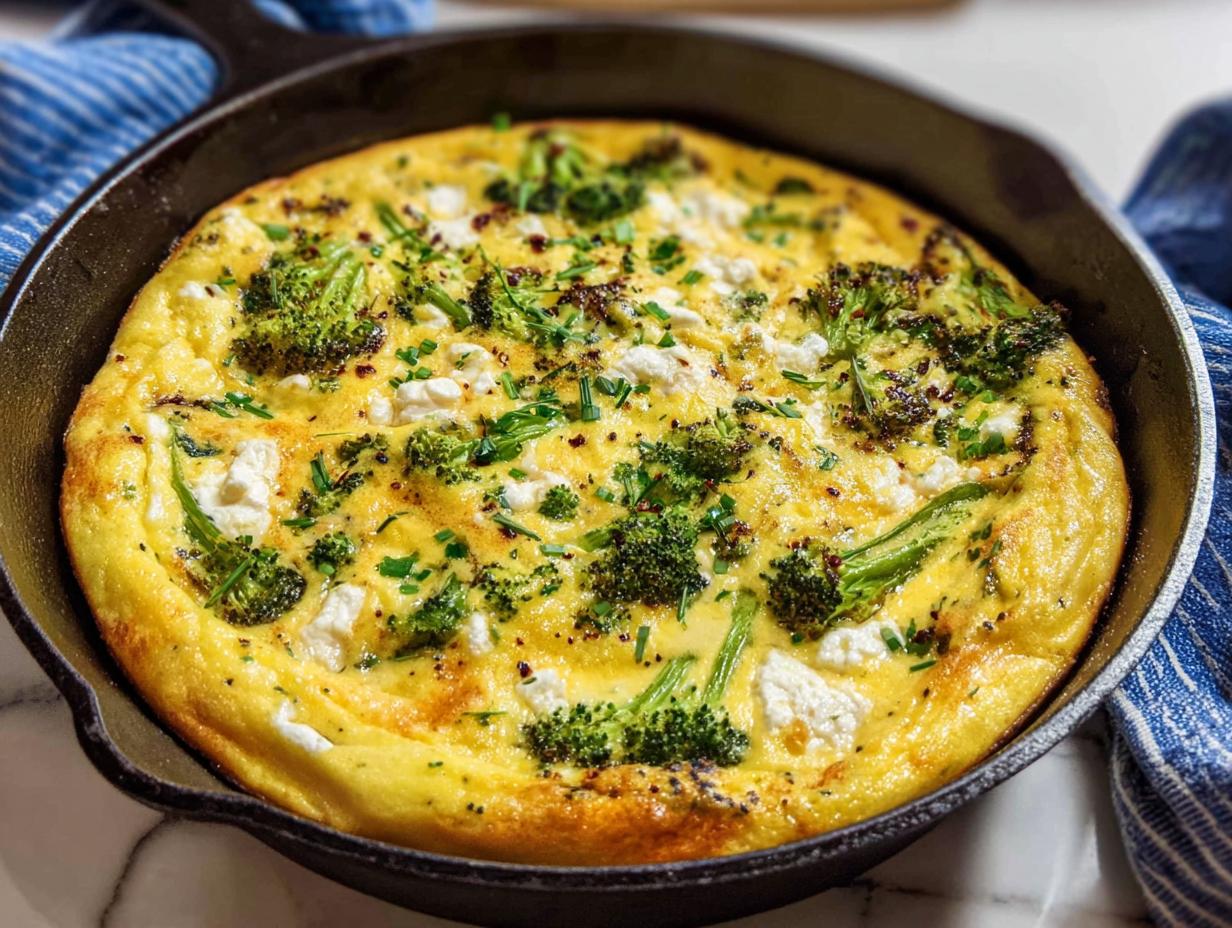 A golden-brown broccoli and feta frittata baked in a cast-iron skillet, perfect for easy dinner recipes.