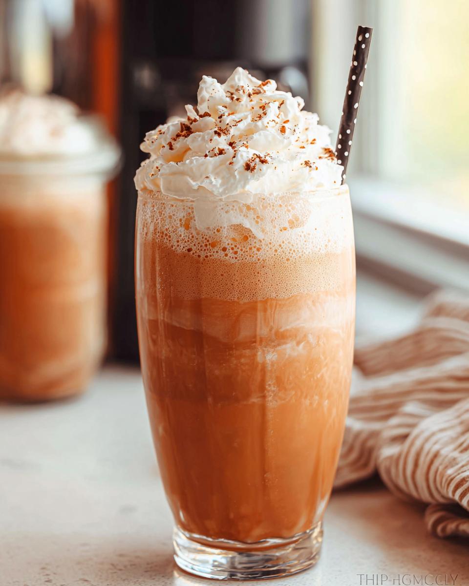 A tall glass filled with a blended Mocha Frappuccino topped high with whipped cream and chocolate dusting.