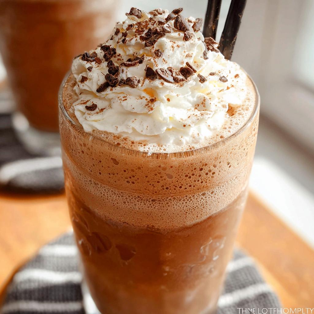 Close-up of a tall glass filled with a blended Mocha Frappuccino, topped high with whipped cream and chocolate shavings.
