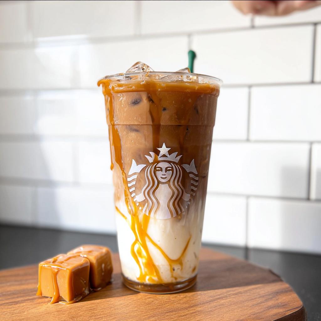 A tall, layered Café-Style Iced Caramel Macchiato (Copycat) in a clear cup with a Starbucks logo, next to two caramel squares.