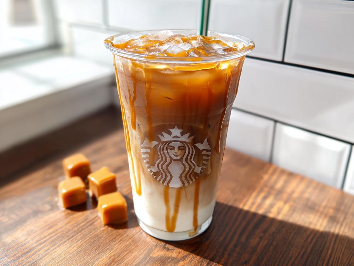 A tall, clear cup featuring a layered Café-Style Iced Caramel Macchiato with ice and heavy caramel drizzle, next to four caramel candies.