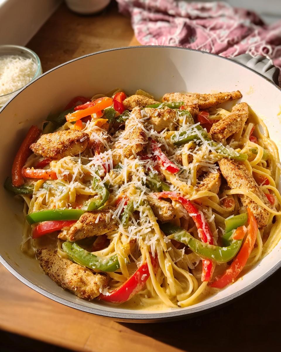 A close-up of Cajun chicken pasta with fettuccine, sliced bell peppers, and shredded Parmesan cheese.
