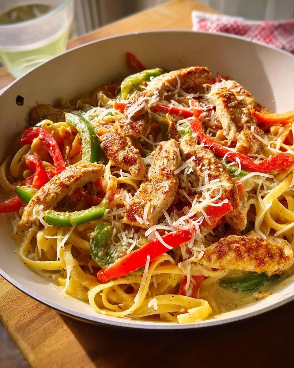 A close-up of restaurant-style Cajun chicken pasta with fettuccine, sliced bell peppers, and shredded cheese.