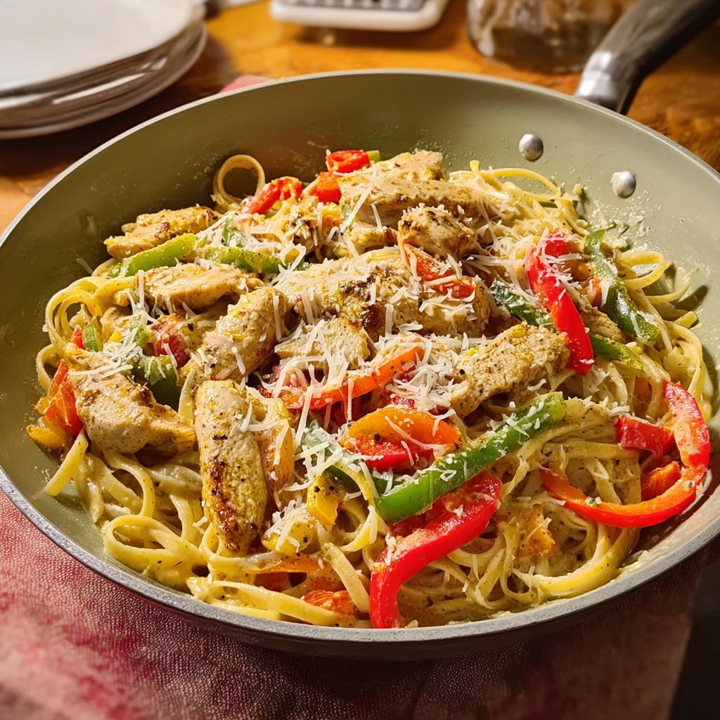 Close-up of restaurant-style Cajun chicken pasta with bell peppers and shredded cheese.