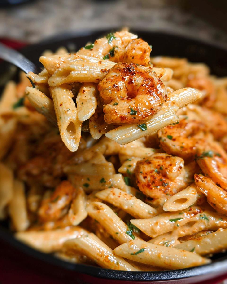 Close-up of a fork lifting creamy Cajun Shrimp Pasta, featuring seasoned shrimp and penne pasta.