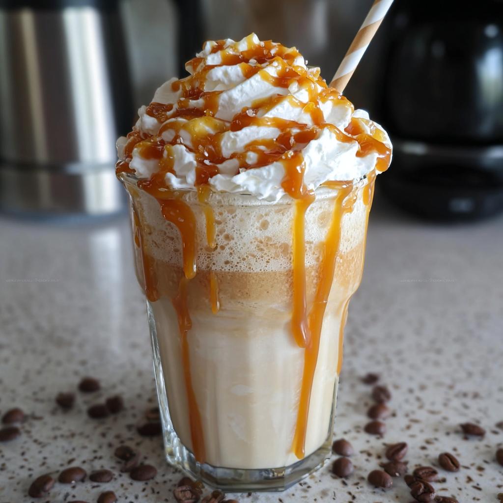 A tall glass filled with a blended Caramel Frappuccino (Copycat) topped with whipped cream and heavy caramel drizzle.