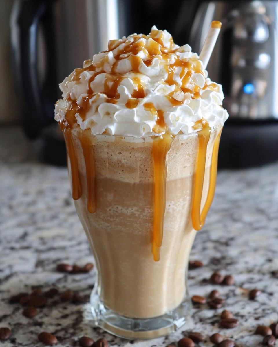 A tall glass filled with a blended Caramel Frappuccino (Copycat), topped with whipped cream and drizzled with caramel sauce.