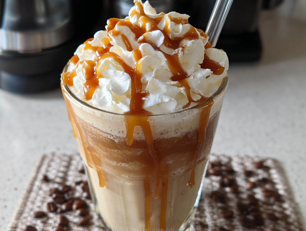 A tall glass of a blended Caramel Frappuccino (Copycat) topped high with whipped cream and drizzled caramel sauce.