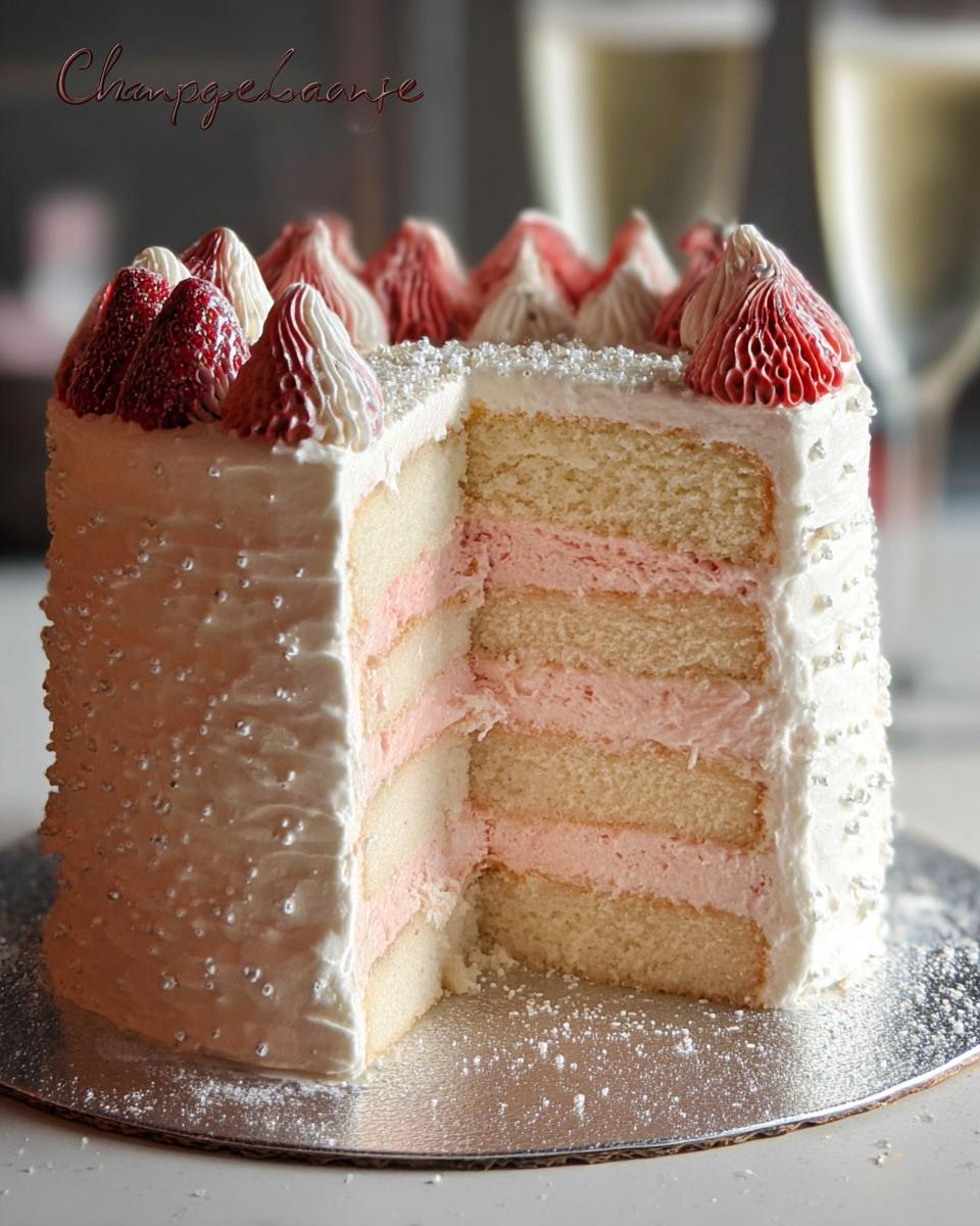 A slice removed from a tall Champagne Layer Cake with Buttercream, revealing four layers of cake and pink filling.