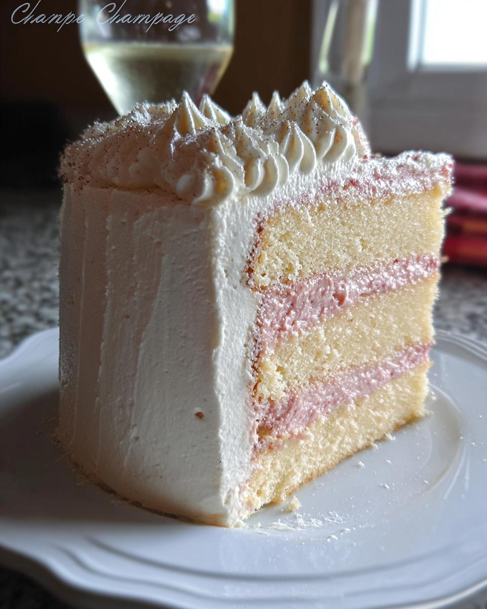 Close-up of a slice of Champagne Layer Cake with Buttercream, showing three layers of pale yellow cake and pink filling.