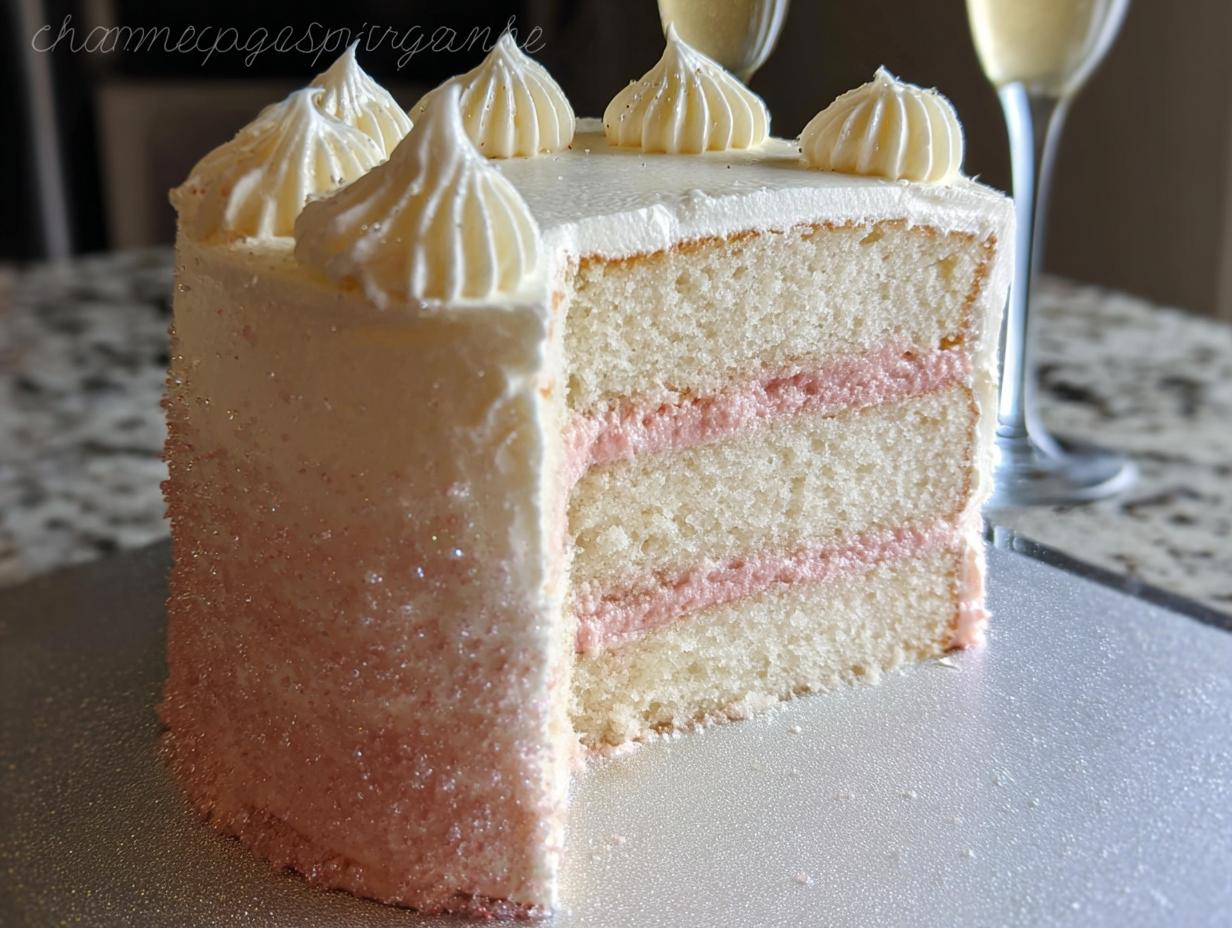 A slice cut from a Champagne Layer Cake showing three white cake layers and two pink filling layers, frosted white with pink ombre glitter.