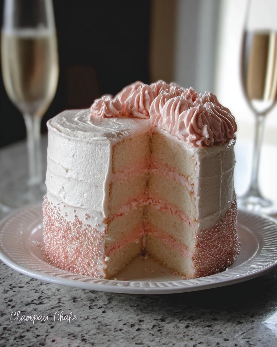 A slice cut from a Champagne Layer Cake with Buttercream, showing four layers of pale cake and pink filling, decorated with pink frosting.